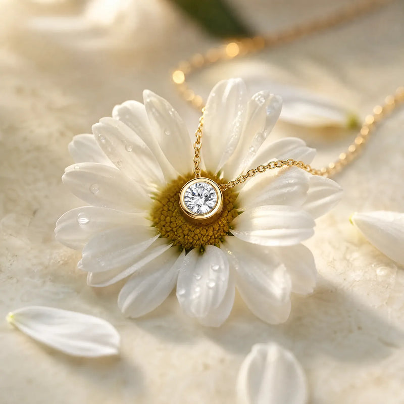 The necklace resting on a flower