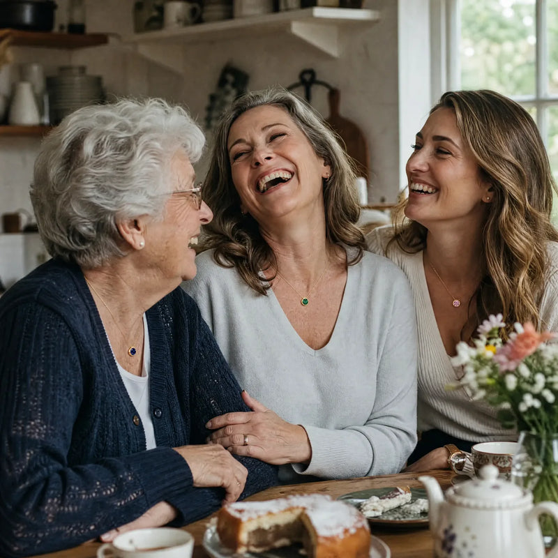 Three generations of women, each wearing her stone