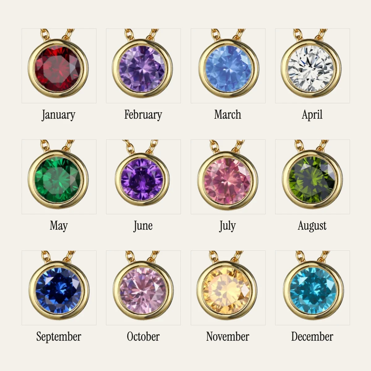 The 12 birth months and their stones, in gold finish